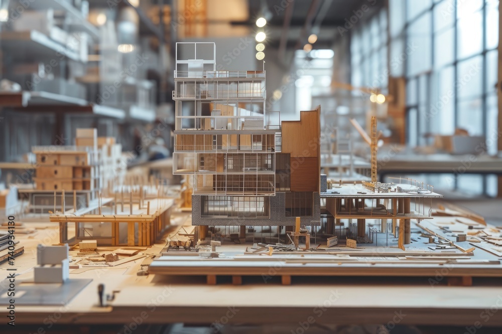Detailed Model of a Skyscraper on a Wooden Table, Hybrid view of an architectural model of a future building intermingled with actual construction site, AI Generated Detailed Model of a Skyscraper on a Wooden Table, Hybrid view of an architectural model of a future building intermingled with actual construction site, AI Generated