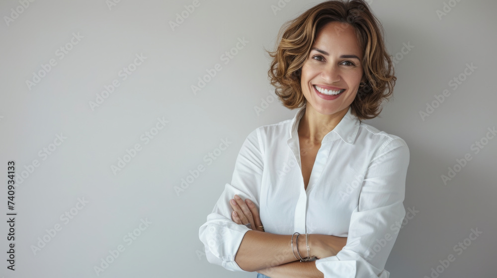 confident woman smiling at the camera, her arms crossed, wearing a white shirt, projecting professionalism and positivity. confident woman smiling at the camera, her arms crossed, wearing a white shirt, projecting professionalism and positivity.