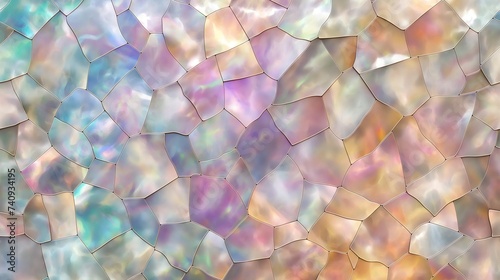 A seamless texture of mother of pearl mosaic tiles, reflecting light in a spectrum of colors for an opulent and sophisticated background. 8k photo
