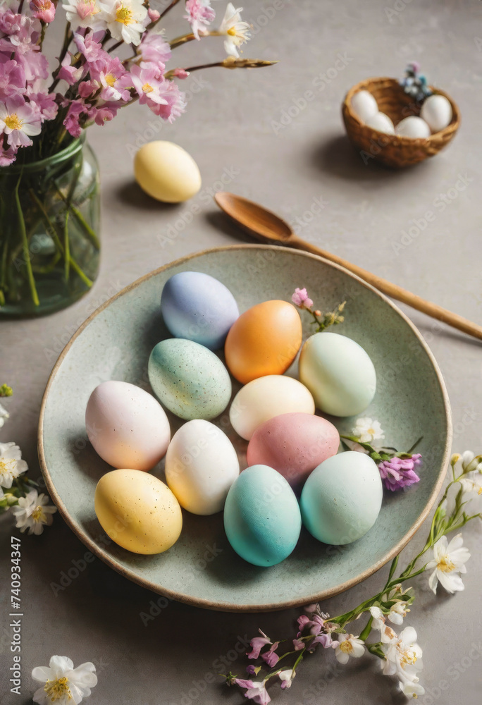 Colorful Easter eggs on a plate on the table, beautiful flowers, minimalistic style, on a simple background Colorful Easter eggs on a plate on the table, beautiful flowers, minimalistic style, on a simple background