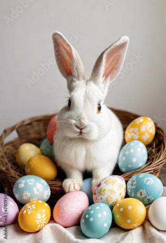 cute white bunny holding a painted colored patterns Easter egg in paws