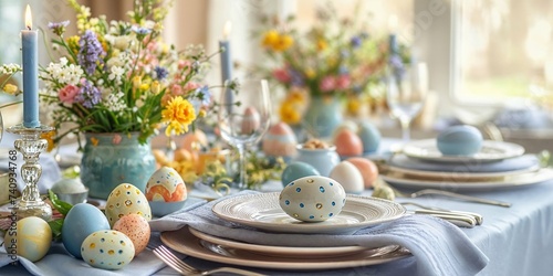 Easter table setting, easter eggs and flowers decoration, closeup view photo
