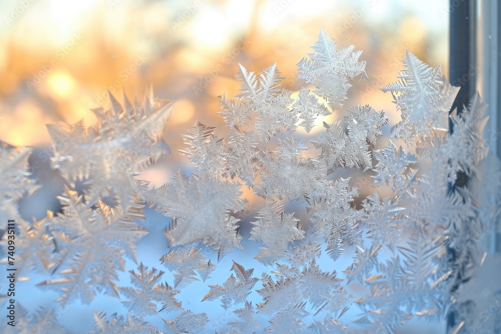 A detailed view of a window covered in snow flakes, Ice crystals forming on a window pane, AI Generated