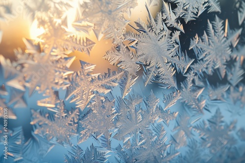 A detailed view of a frosted glass window, showcasing its intricate patterns and textures, Ice crystals forming on a window pane, AI Generated photo