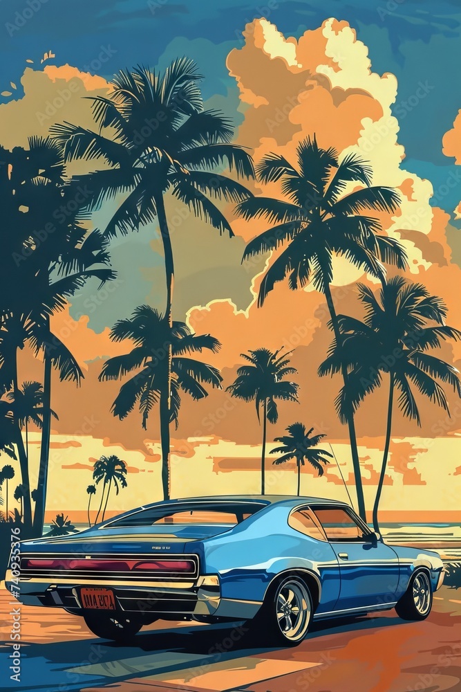 Retro Vintage Blue Classic Car Poster / Wallpaper - Tropical Paradise Beach Travel Theme
