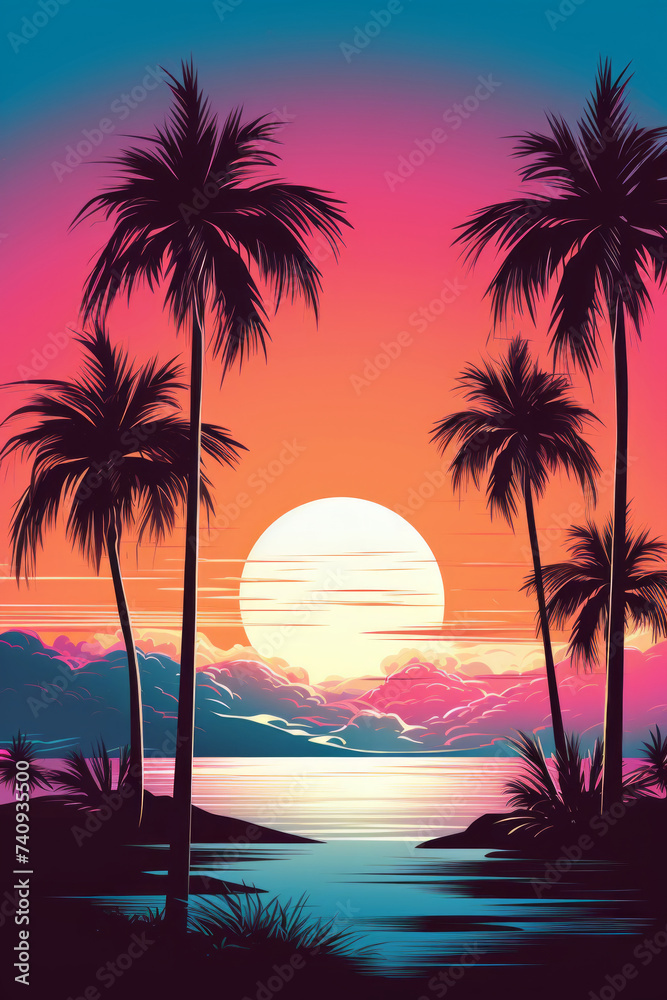Synthwave 80's Retro Vintage Sunset Poster / Wallpaper - Tropical Paradise Beach Travel Theme