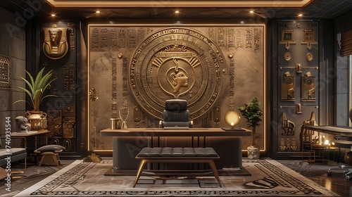 Ancient temple inspired office with sacred relics and mystical ambiance, modern office interior design photo