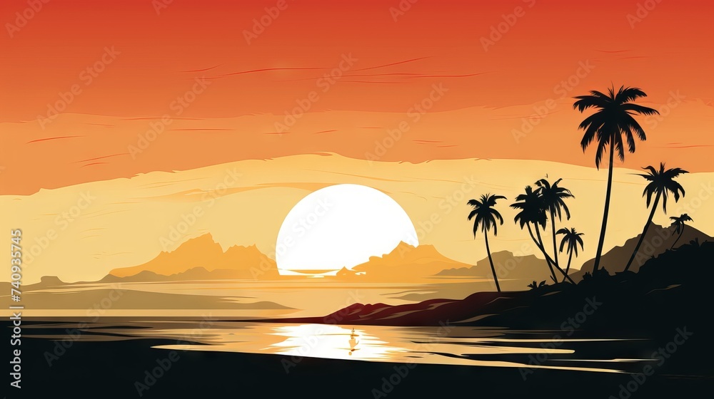 Retro Vintage Sunset Poster / Wallpaper - Tropical Paradise Beach Travel Theme