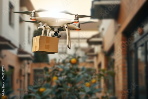 Smart package Drone Delivery smart garden monitoring. Box shipping advanced technology parcel drone delivery truck transportation. Logistic tech aerial mobility mobility ai standards