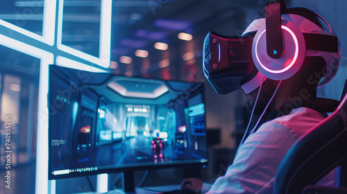  A futuristic gaming setup featuring a high-end PC with RGB lighting, ultra-wide curved monitor, and a gamer immersed in a virtual reality headset
