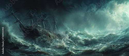 A depiction of a ship battling fierce winds and massive waves in the midst of a storm at sea, with dark clouds and turbulent waters creating a dramatic atmosphere photo