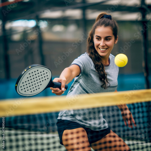 Happy Woman playing pickleball on an indoor court. Active player hitting pickleball over the net. Concentrated pickleball match with female player.