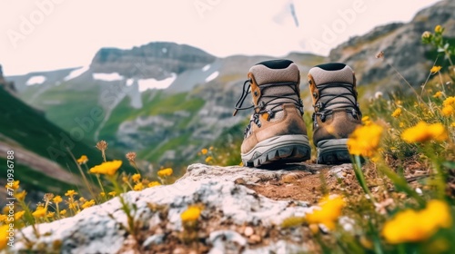 Hiking Boots between mountain flowers photo