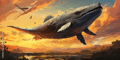 fantasy scenery of a giant whale flying above city against sunset sky, digital art style, illustration painting - © Влада Яковенко