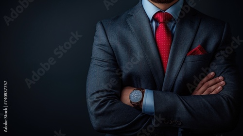 Fond d'écran business avec le torse d'un homme élégant habillé dans un costume sombre et cravate rouge. Business wallpaper featuring the torso of an elegant man dressed in a dark suit and red tie.