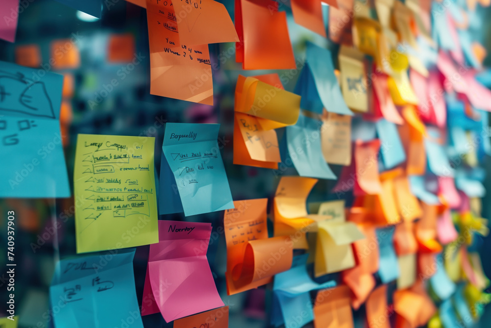 Colored post-it notes on an office wall. A slide background for showcasing the brainstorming process. Created with Generative AI technology. - obrazy, fototapety, plakaty 