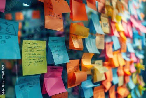 Colored post-it notes on an office wall. A slide background for showcasing the brainstorming process. Created with Generative AI technology. photo