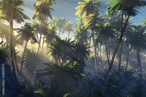 Palm trees in the rays of the sun  Jungle in the morning in the fog  tropical forest in the bright light of the setting sun  3D rendering