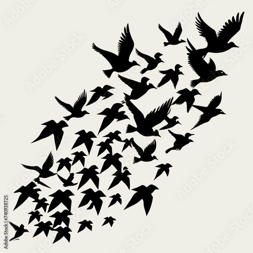 A flock of birds migrating in a V formation