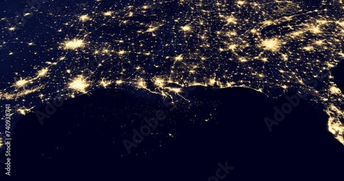 An animated map of the night lighting of the Gulf Coast as well as numerous offshore oil platforms. Crude oil production in the USA, oil industry. 3D Animation 4K. Contains NASA images. photo