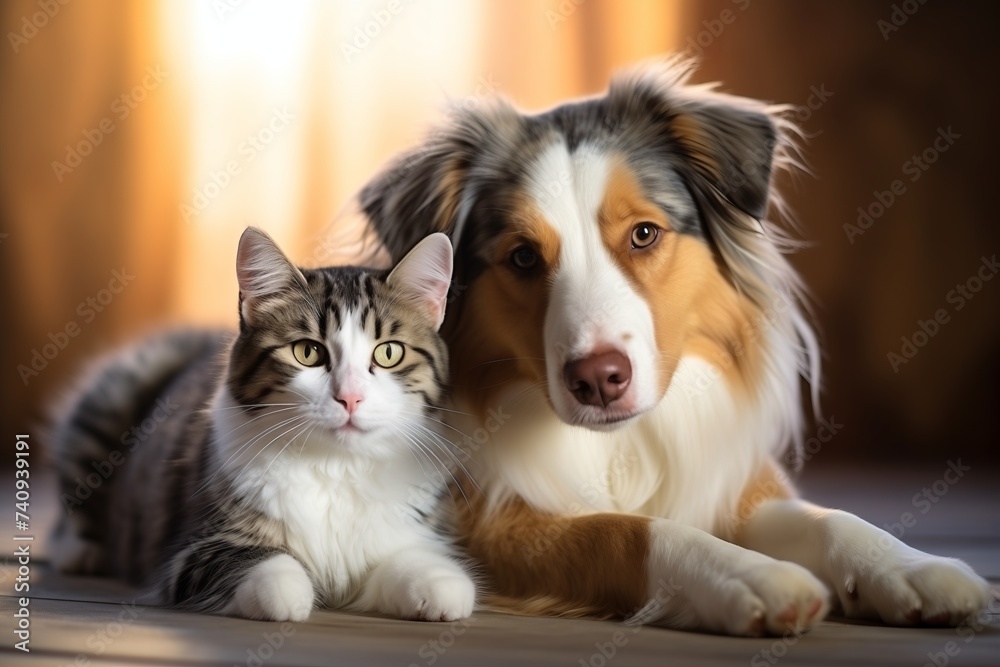 A dog and a cat lie on the ground next to each other and rest peacefully. Friendship between animals.