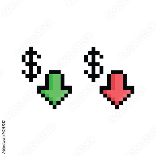  pixel dollar rate down  icon  pixel art icon element for  8 bit game 
