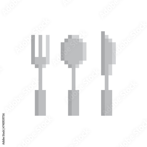 fork spoon knife icon 8 bit, pixel art  kitchen utensils  icon  for game  logo.