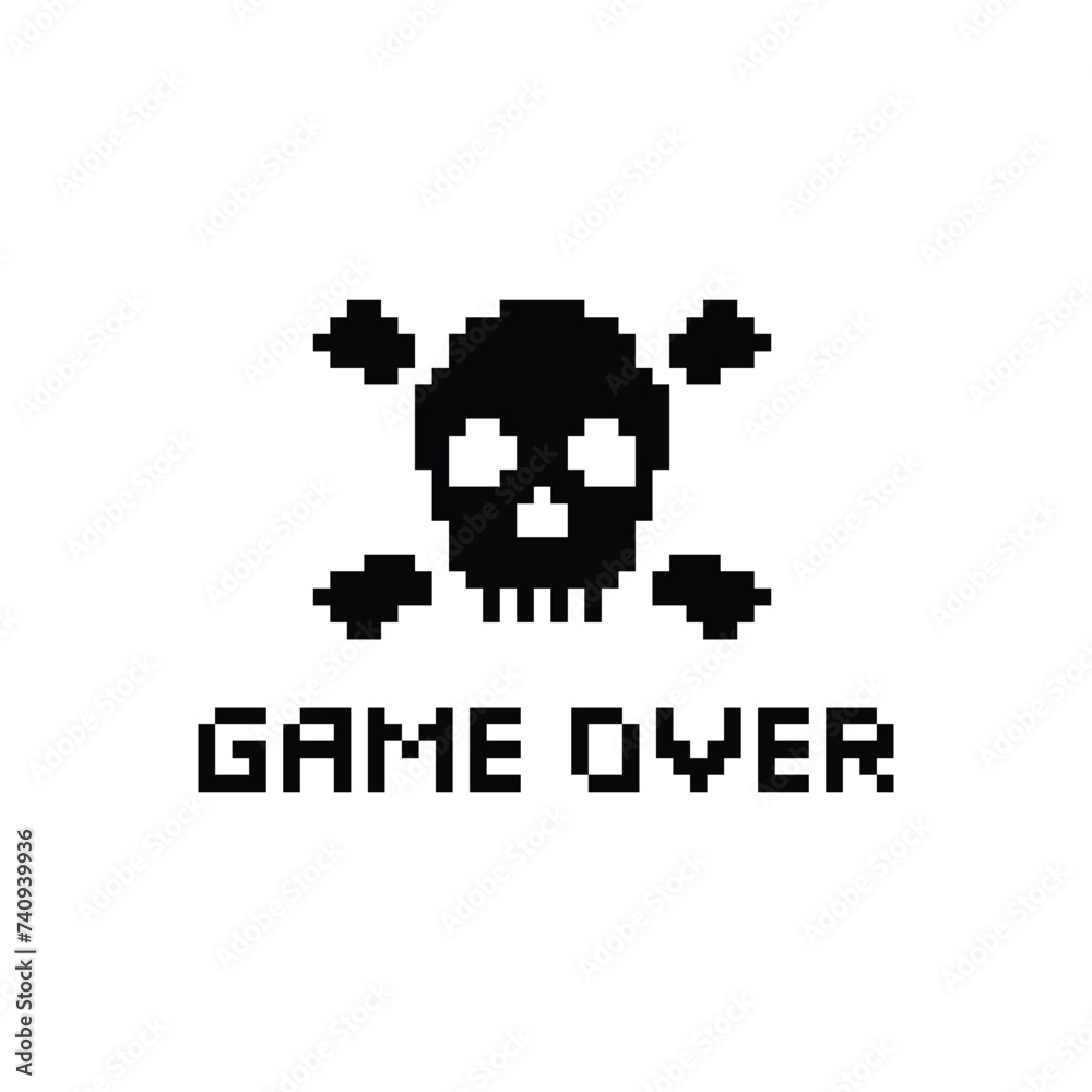 game over with Skull icon 8 bit, pixel pirate icon 8-bit  for game  logo.