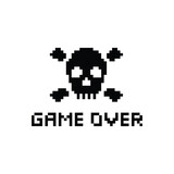 game over with Skull icon 8 bit, pixel pirate icon 8-bit  for game  logo.