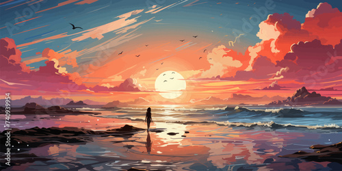 woman standing on the sea looking at the summer sky, vector illustration