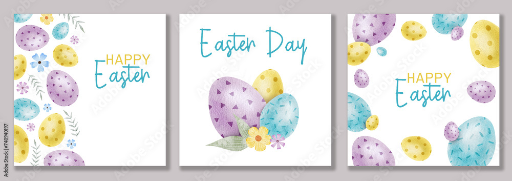 Set of Happy Easter cards with blue, yellow, purple Easter eggs, flowers and leaves. Square Paschal templates. Watercolor illustrations. Template for Easter cards, label, posters and invitations.