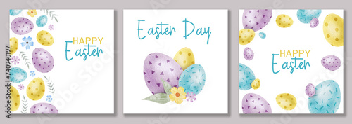 Set of Happy Easter cards with blue, yellow, purple Easter eggs, flowers and leaves. Square Paschal templates. Watercolor illustrations. Template for Easter cards, label, posters and invitations. photo