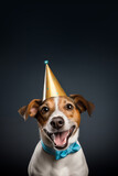 Smiling jack russell terrier wearing golden party hat on black background. Studio photo of happy dog with blue bow tie. concept of pet's Birthday party.