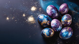 Eggs with texture of marble with golden spangles. Ornament with wavy fluid pattern looks like outer space with stars. Modern Easter greeting card with copy space on dark backdrop. 