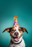 Wide smiling jack russell terrier wearing party hat on turquoise background with copy space. Studio photo of happy dog. concept of pet's Birthday party.