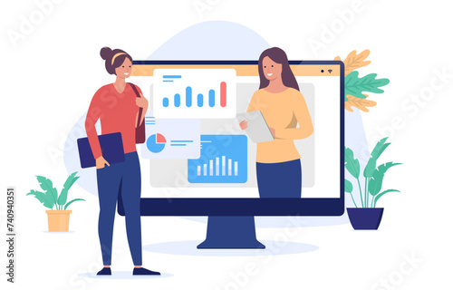 Online education - Student taking remote course video lesson on internet, with financial and business graphs and diagrams. Flat design vector illustration with white background