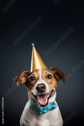 Smiling jack russell terrier wearing golden party hat on black background. Studio photo of happy dog with blue bow tie. concept of pet's Birthday party.