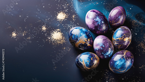 Eggs with texture of marble with golden spangles. Ornament with wavy fluid pattern looks like outer space with stars. Modern Easter greeting card with copy space on dark backdrop. 