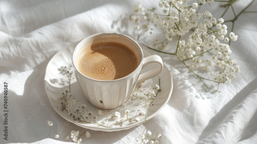 Cup of flavored coffee on a ceramic plate with a sprig of gypsophila on it on white background