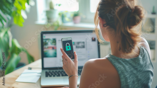 Free Download A person's hand is interacting with a smartphone displaying a cybersecurity lock graphic, with a laptop screen visible in the background. - GFXLoad