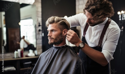 Barber in a barbershop makes a customer's new haircut and trims a beard