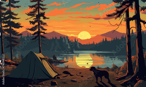 forest landscape camping dog trees lake sunset fall nature inspired vector illustration