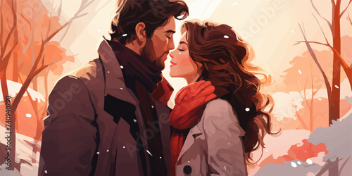 couple in love woman and man kissing outside in winter snow fall romantic cute vector character