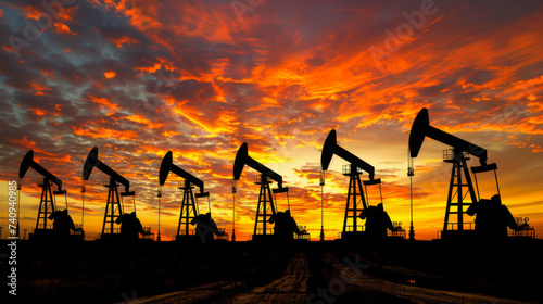 multiple oil pumps silhouetted against the backdrop of a vivid sunset sky, signifying the operation of an oil field during dusk.