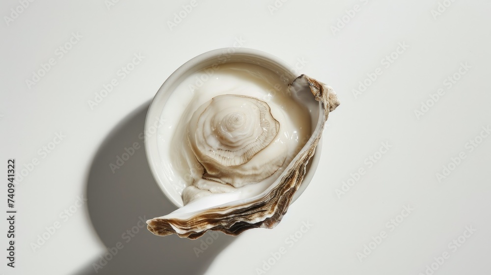 Cosmetic open jar of skincare cream and oysters, top view. Concept of cream with oyster extract. Cosmetic open jar of skincare cream and oysters, top view. Concept of cream with oyster extract.