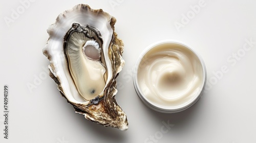 Cosmetic open jar of skincare cream and oysters, top view. Concept of cream with oyster extract.