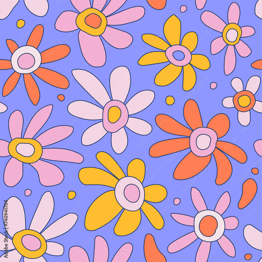 70's Retro floral Seamless Pattern. 60s trippy daisy flowers Aesthetic Style. 70's Retro floral Seamless Pattern. 60s trippy daisy flowers Aesthetic Style.
