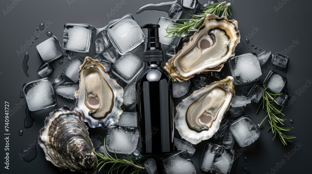 Concept of oyster cosmetic skincare, hair care, body care. Bottle and oysters on water ice background. Luxury beauty cosmetic with oyster extract, cleanser, shampoo, body cream