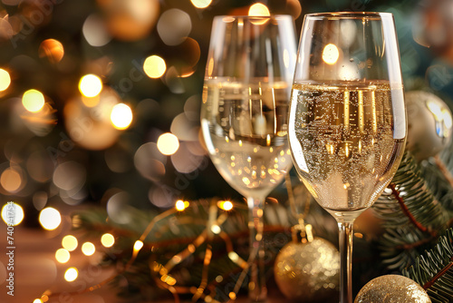 Champagne glasses on christmas background