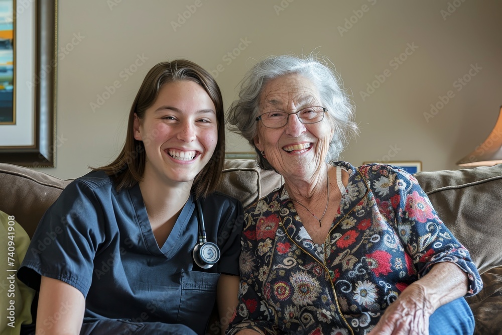 Assisted living caregiver with a smile, a sense of humor and a sweet laugh with an old lady in her retirement home. Elderly caregiver with a bright smile, a sense of humor and a sense of support with - obrazy, fototapety, plakaty 